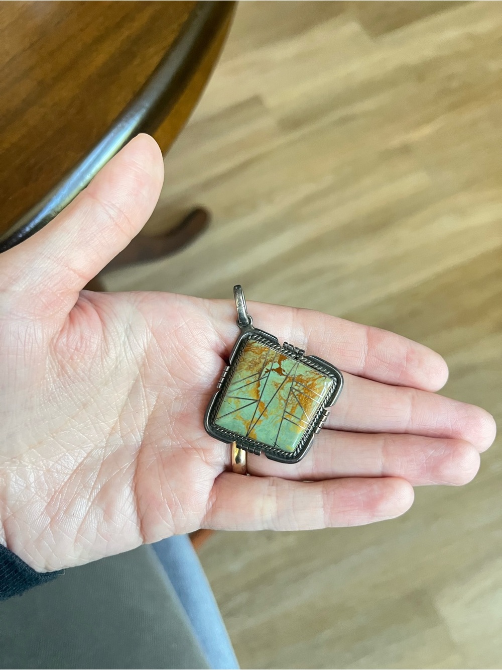 JR Signed 925 Sterling Silver Diamond Turquoise Pendant, Mesa Verde Colorado.